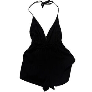 Tobi Black Scalloped V-Neck Halter Romper